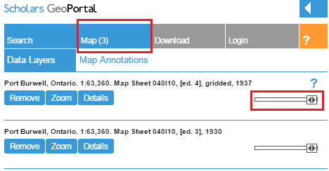 Screen capture of the ‘map’ tab in the GeoPortal, transparency slider circled.