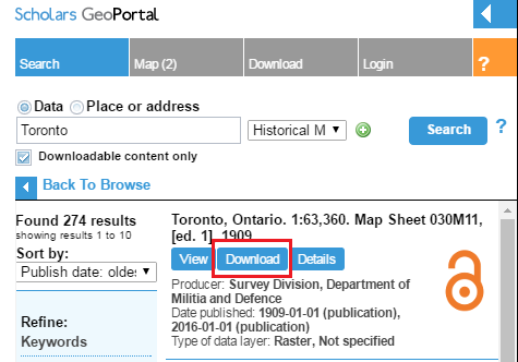 Screen capture of the results of a search for Toronto maps, ‘download’ button circled.