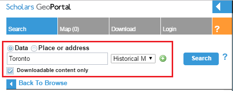 Screen capture of the search field in the GeoPortal, with ‘Toronto’ typed in and ‘Historical Maps’ selected from the drop-down menu to the right.
