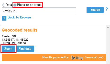 Screen capture of the ‘Place of Address’ search option in the GeoPortal, with ‘Exeter, ON’ typed in, and the ‘zoom’ button circled.