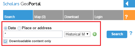 Screen capture of the search field in the GeoPortal, with ‘*’ typed in and ‘Historical Maps’ selected from the drop-down menu to the right.