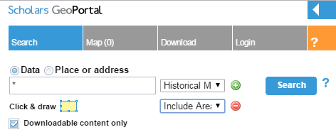 Screen capture of the search field in the GeoPortal, with ‘*’ typed in, ‘Historical Maps’ selected from the drop-down menu to the right, and ‘Include Area’ selected below as an additional search option.