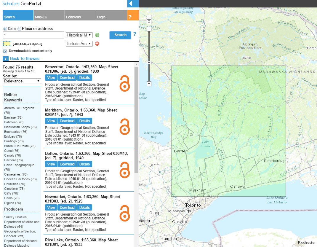 Screen capture of the results of a search in the GeoPortal for a ‘Search by Area’ of central Ontario.