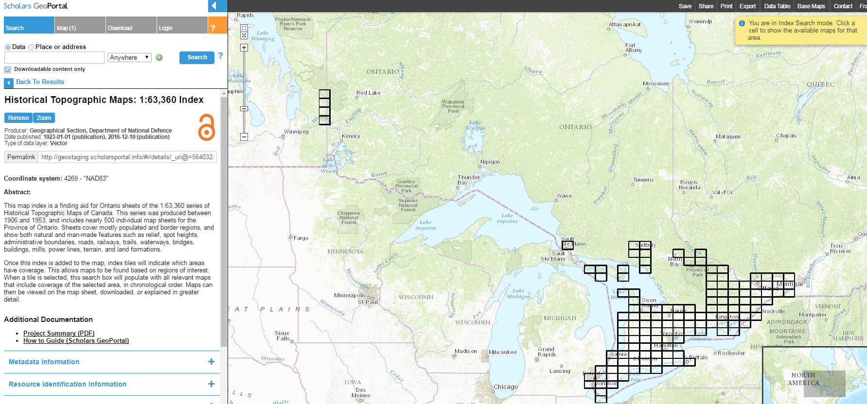 Screen capture of the 1:63,360 index map, loaded on the map viewer in the Scholars GeoPortal.