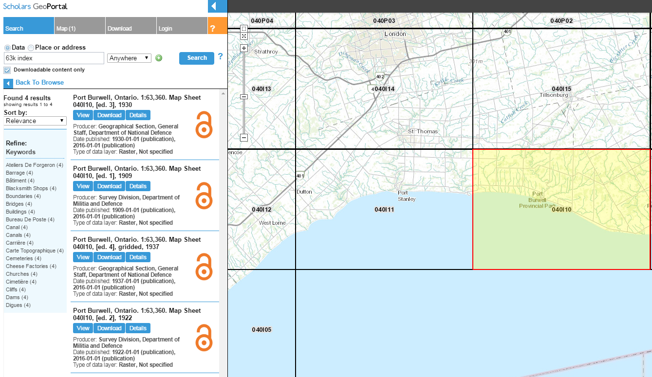 Screen capture of the results of a search in the GeoPortal after selecting a grid cell from the index map.