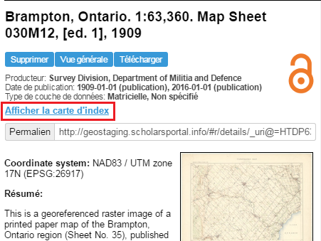Capture d’écran d’un registre de métadonnées pour « Brampton, Ontario », avec un lien indiquant « Afficher la carte d’index ».