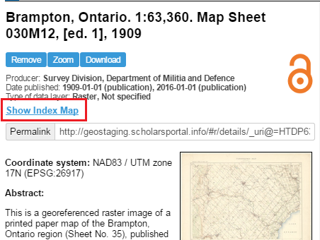 Screen capture of a metadata record for 'Brampton, Ontario', with link to 'Show Index Map' circled.