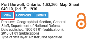 Screen capture of the results of a search for the ‘Port Burwell, Ontario’ map sheet, ‘add’ button circled.